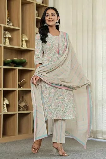 pink pure cotton floral print kurta dupatta pant set