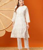 Hand embroidered white cotton lucknowi chikankari straight kurta