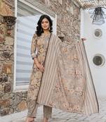 olive green cotton straight kurta set with handwork