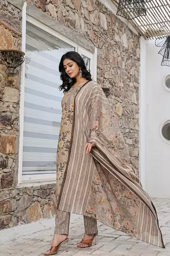 olive green cotton straight kurta set with handwork