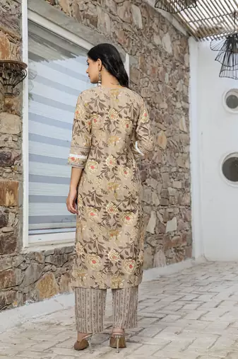 olive green cotton straight kurta set with handwork