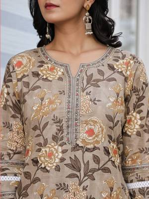 olive green cotton straight kurta set with handwork 4