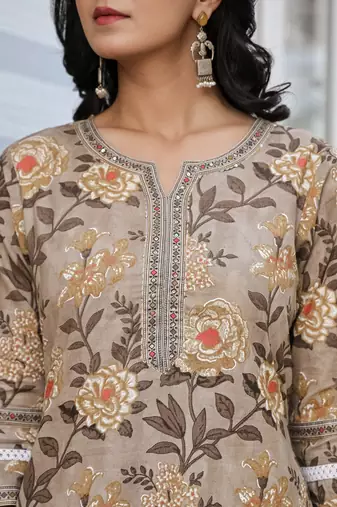 olive green cotton straight kurta set with handwork