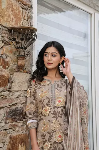 olive green cotton straight kurta set with handwork