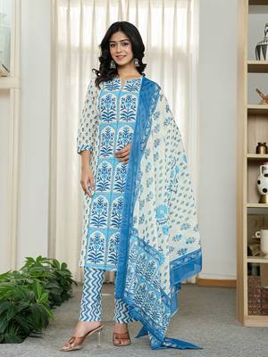 blue and white ethnic motifs straight kurta trouser dupatta set 1