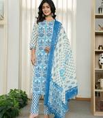 blue and white ethnic motifs straight kurta trouser dupatta set