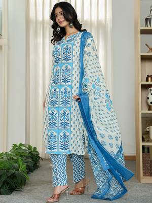 blue and white ethnic motifs straight kurta trouser dupatta set 2