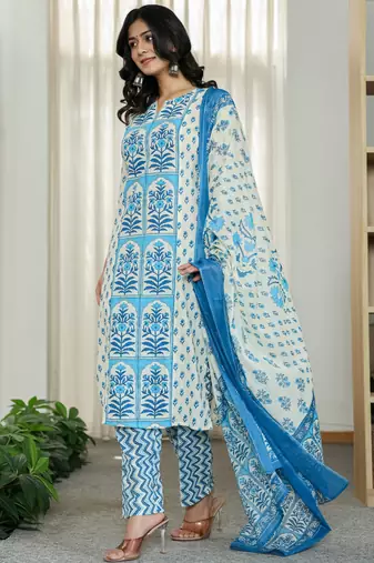 blue and white ethnic motifs straight kurta trouser dupatta set