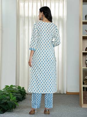 blue and white ethnic motifs straight kurta trouser dupatta set 3