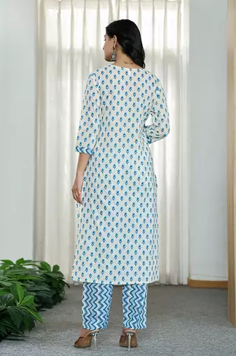 blue and white ethnic motifs straight kurta trouser dupatta set