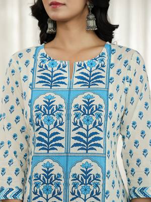 blue and white ethnic motifs straight kurta trouser dupatta set 4