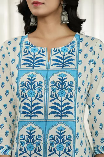 blue and white ethnic motifs straight kurta trouser dupatta set