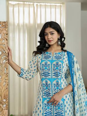 blue and white ethnic motifs straight kurta trouser dupatta set 5