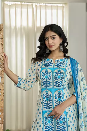 blue and white ethnic motifs straight kurta trouser dupatta set