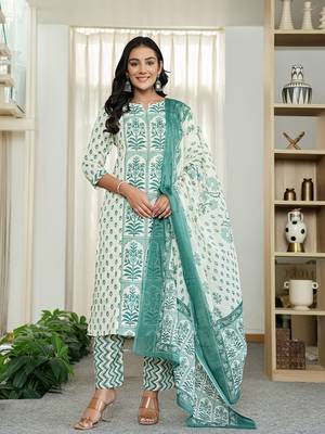 green and white ethnic motifs straight kurta trouser dupatta set 1