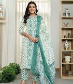 green and white ethnic motifs straight kurta trouser dupatta set