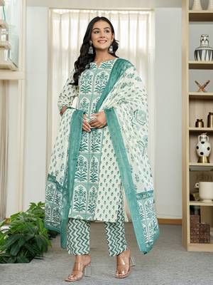 green and white ethnic motifs straight kurta trouser dupatta set 2