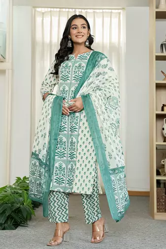 green and white ethnic motifs straight kurta trouser dupatta set