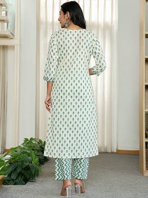 green and white ethnic motifs straight kurta trouser dupatta set 3