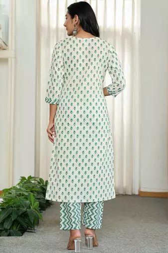 green and white ethnic motifs straight kurta trouser dupatta set