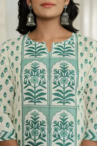green and white ethnic motifs straight kurta trouser dupatta set
