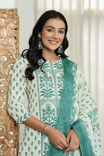 green and white ethnic motifs straight kurta trouser dupatta set