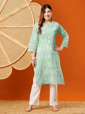 Hand embroidered sea green cotton lucknowi chikankari straight kurta 1