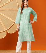 Hand embroidered sea green cotton lucknowi chikankari straight kurta