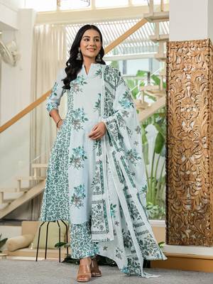 sky blue cotton a line kurta dupatta set 1