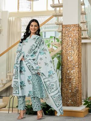sky blue cotton a line kurta dupatta set 2