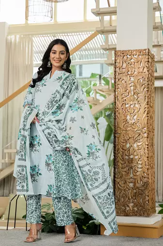 sky blue cotton a line kurta dupatta set