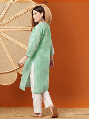 Hand embroidered sea green cotton lucknowi chikankari straight kurta 2