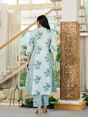 sky blue cotton a line kurta dupatta set 3