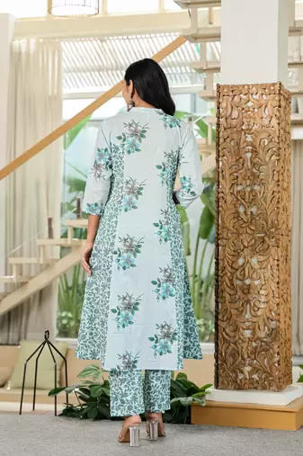 sky blue cotton a line kurta dupatta set