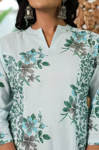sky blue cotton a line kurta dupatta set