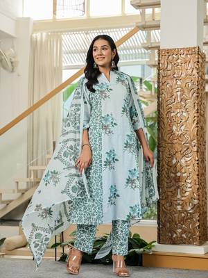sky blue cotton a line kurta dupatta set 5