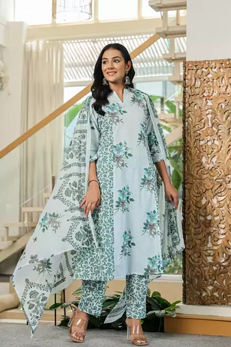 sky blue cotton a line kurta dupatta set
