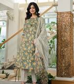 green floral a-line kurta trouser dupatta set with lace work