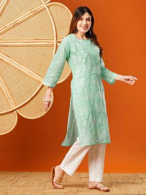 Hand embroidered sea green cotton lucknowi chikankari straight kurta 3