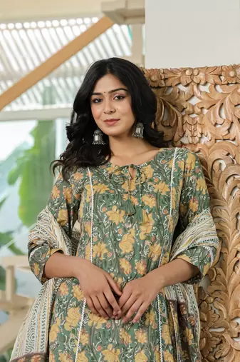 green floral a-line kurta trouser dupatta set with lace work