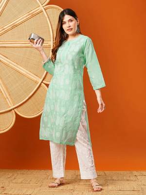 Hand embroidered sea green cotton lucknowi chikankari straight kurta 4