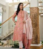 pink floral a-line kurta trouser dupatta set with lace work