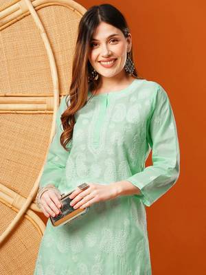 Hand embroidered sea green cotton lucknowi chikankari straight kurta 5