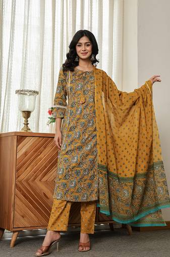 mustard yellow floral a-line kurta trouser dupatta set with lace work
