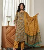 mustard yellow floral a-line kurta trouser dupatta set with lace work