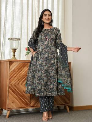 navy blue floral a-line kurta trouser dupatta set with lace work 1