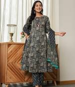 navy blue floral a-line kurta trouser dupatta set with lace work