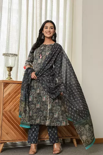navy blue floral a-line kurta trouser dupatta set with lace work