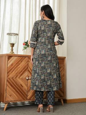 navy blue floral a-line kurta trouser dupatta set with lace work 3