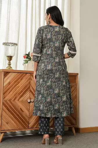 navy blue floral a-line kurta trouser dupatta set with lace work